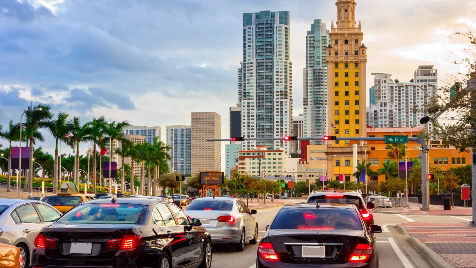 Cars in miami stopped at a red light